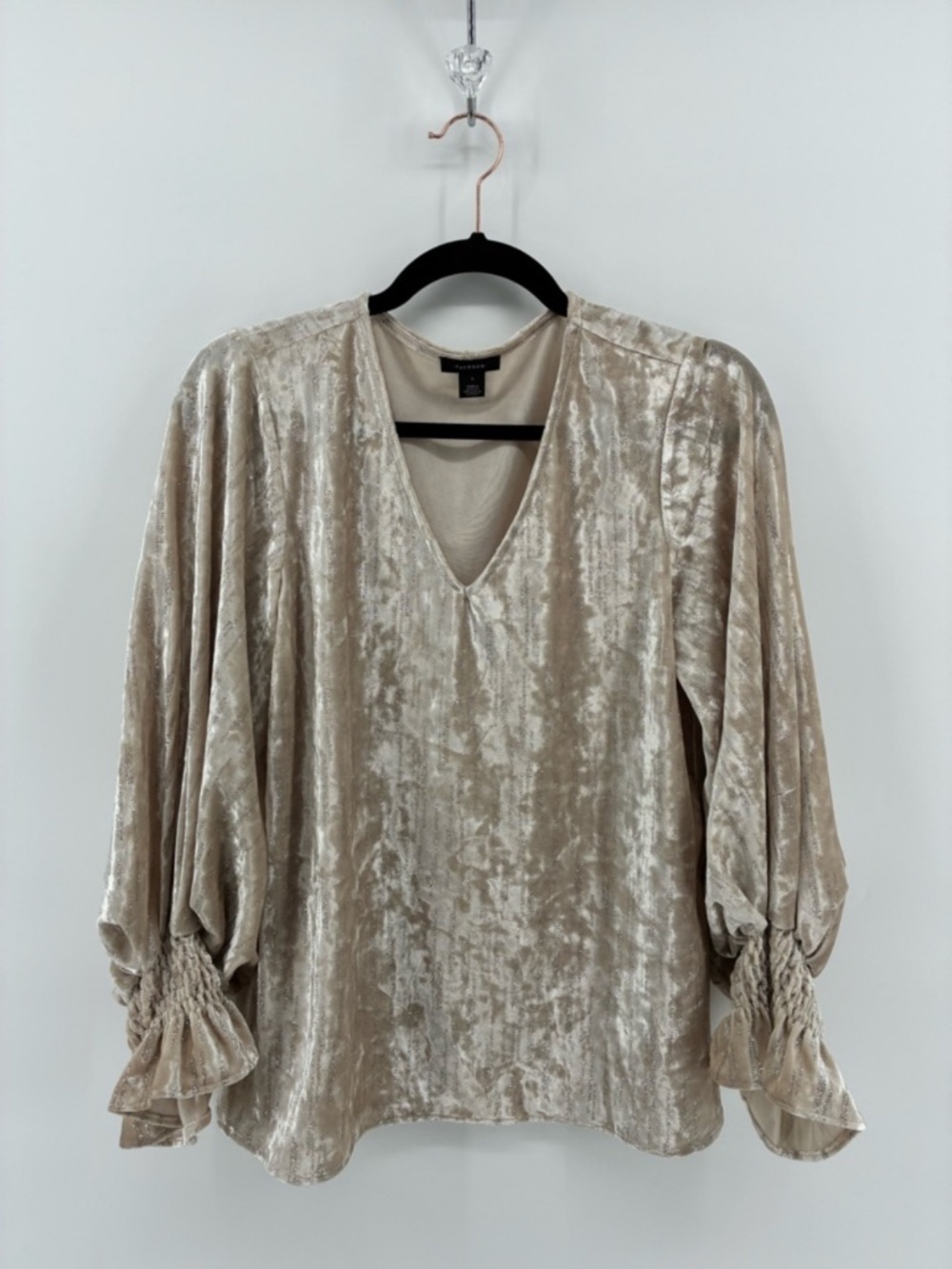 Velvet V-Neck Balloon Sleeve Top - Neutral Taupe Champagne Crushed Glitter
